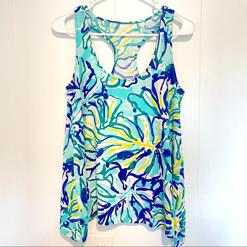 Lilly Pulitzer Pima Cotton Scoop Neck Razorback Floral Palm Leaf Tank